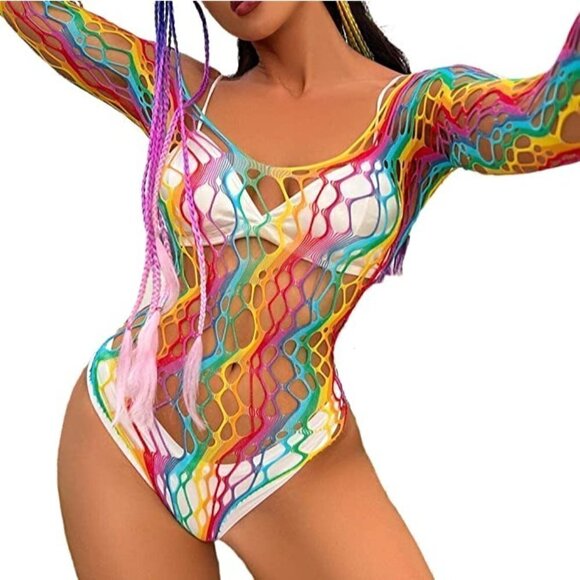 𝅺🌈 Rainbow Fishnet Stockings Mesh Lingerie Bodysuit Party Rave Boho Cosplay NWT - Picture 2 of 5
